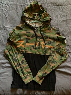 Camo Hooded Pullover with Orange Graphic